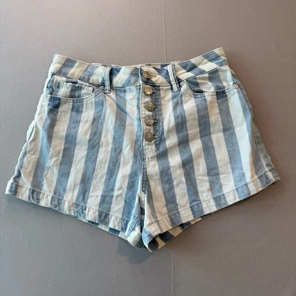 Rewash High Waist Button Fly Blue Railroad Striped Denim Jean Shorts - Picture 2 of 8
